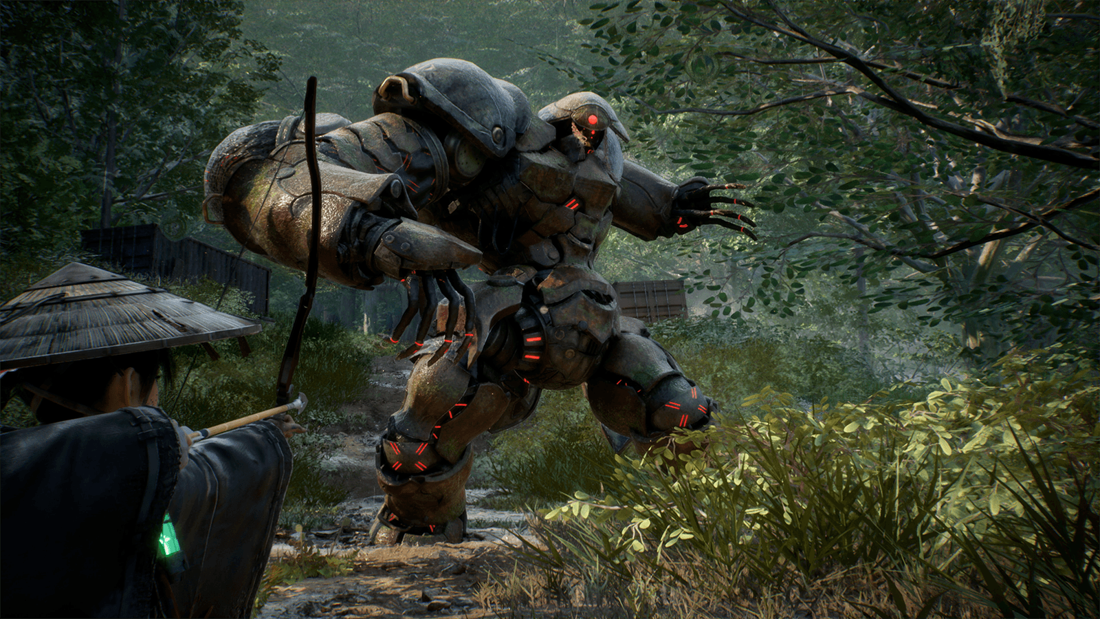 Emma aiming at a large golem in a forest
